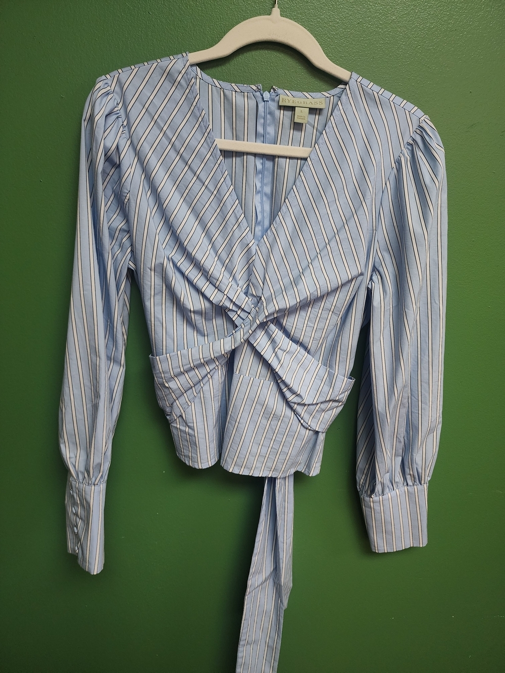rye grass Light Blue and White Striped Tie-Front Wrap Blouse